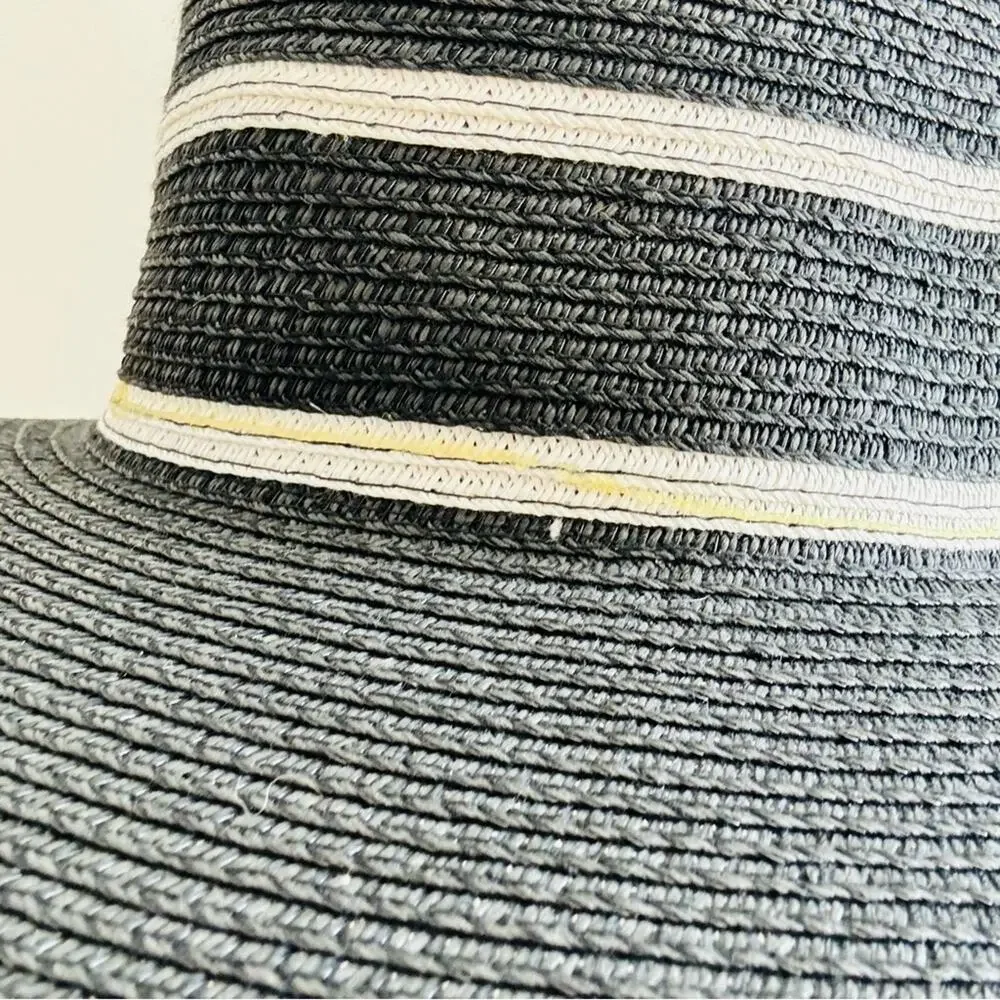 VINTAGE NORDSTROM Cream Tan Straw Wide Brim Floppy Black Stripe Wide Sun Hat - Picture 8 of 10